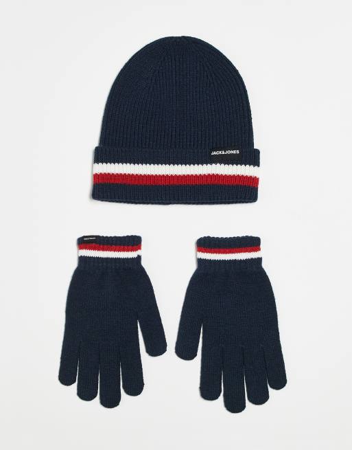 Jack & Jones – Granatowy zestaw podarunkowy z czapką beanie i rękawiczkami z paskami