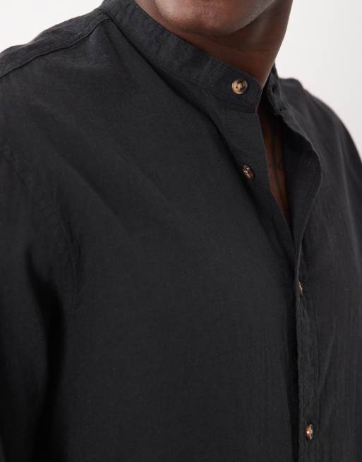 Jack & Jones grandad collar linen blend long sleeve shirt in black, 3 of 5