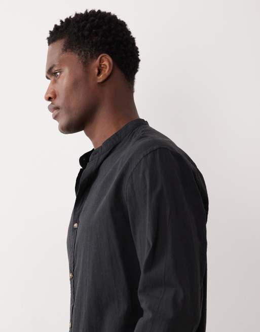 Jack & Jones grandad collar linen blend long sleeve shirt in black, 4 of 5