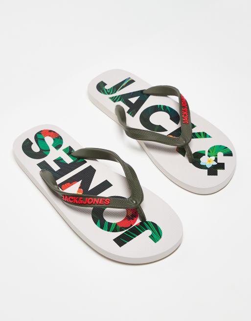 Jack & Jones – Gröna flip flops med blommig logga 