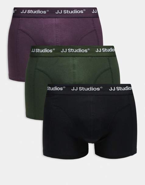 Jack & Jones – Gröna, svarta och plommonfärgade kalsonger med logga på midjebandet i 3-pack - view 1