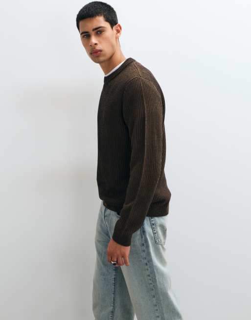 Jack & Jones grovstickad ribbad tröja i brun, 4 av 5