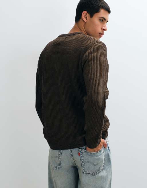 Jack & Jones grovstickad ribbad tröja i brun, 5 av 5