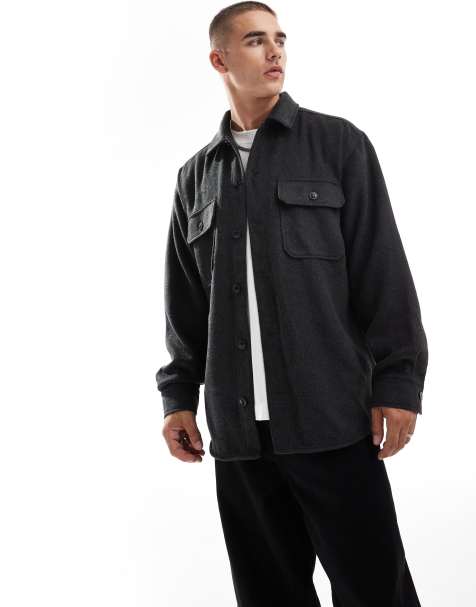 Jack & Jones heavy brushed twill overshirt in dark grey 