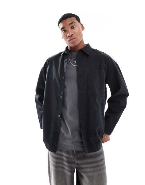 Jack & Jones – Gruba koszula wierzchnia z diagonalu w spranym czarnym kolorze - view 1