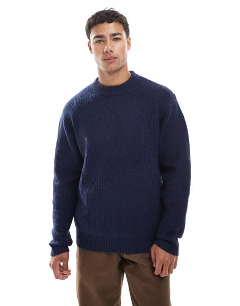 Jack & Jones oversize thick ribbed jumper in navy blue