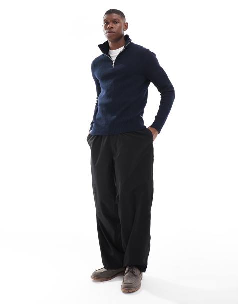 Jack & Jones chunky rib knitted half zip jumper in navy 