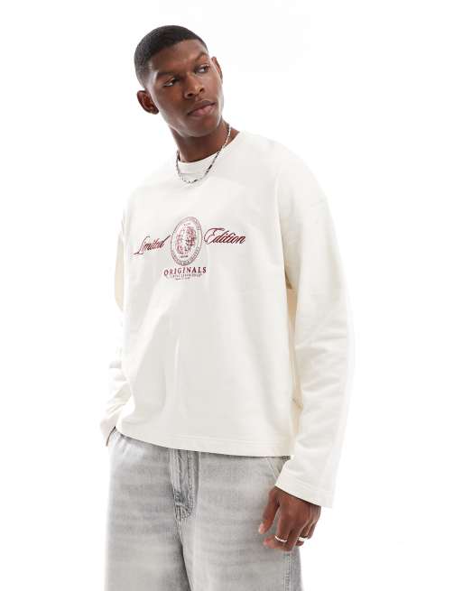 Jack & Jones – Gruby T-shirt z długimi rękawami i haftowanym logo, w kolorze złamanej bieli