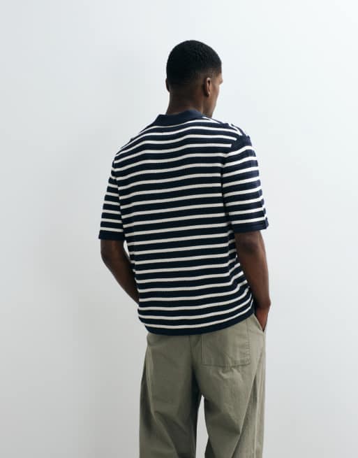 Jack & Jones half button down knit polo in navy and white striped print, 3 of 5