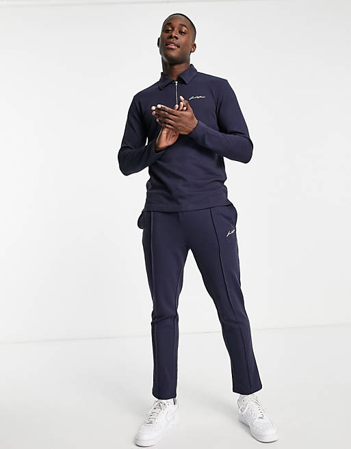 Jack & Jones half zip polo tracksuit with pleated jogger in navy 