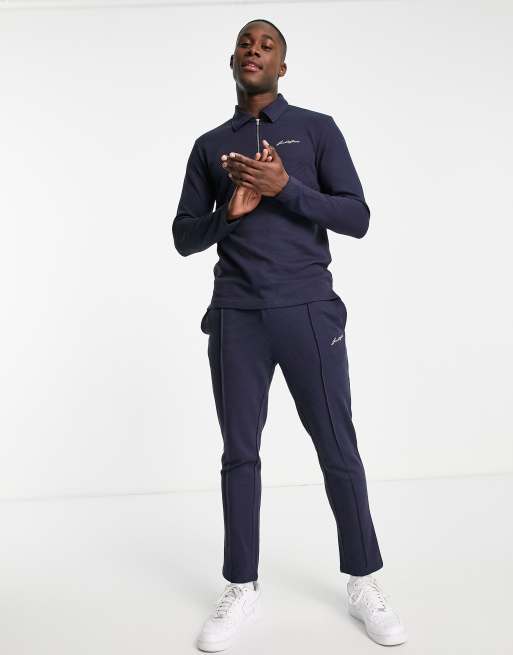 Jack & Jones half zip polo tracksuit with pleated sweatpants in navy | ASOS