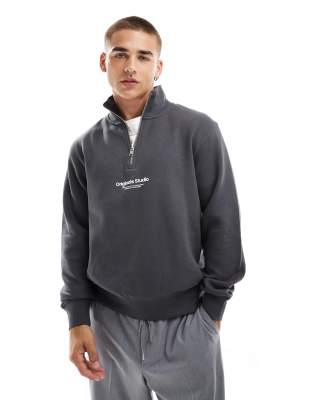 Jack & Jones Jack & Jones half zip sweat with originals logo in dark grey