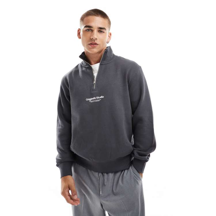 Jack & Jones half zip sweat with originals logo in dark grey | ASOS