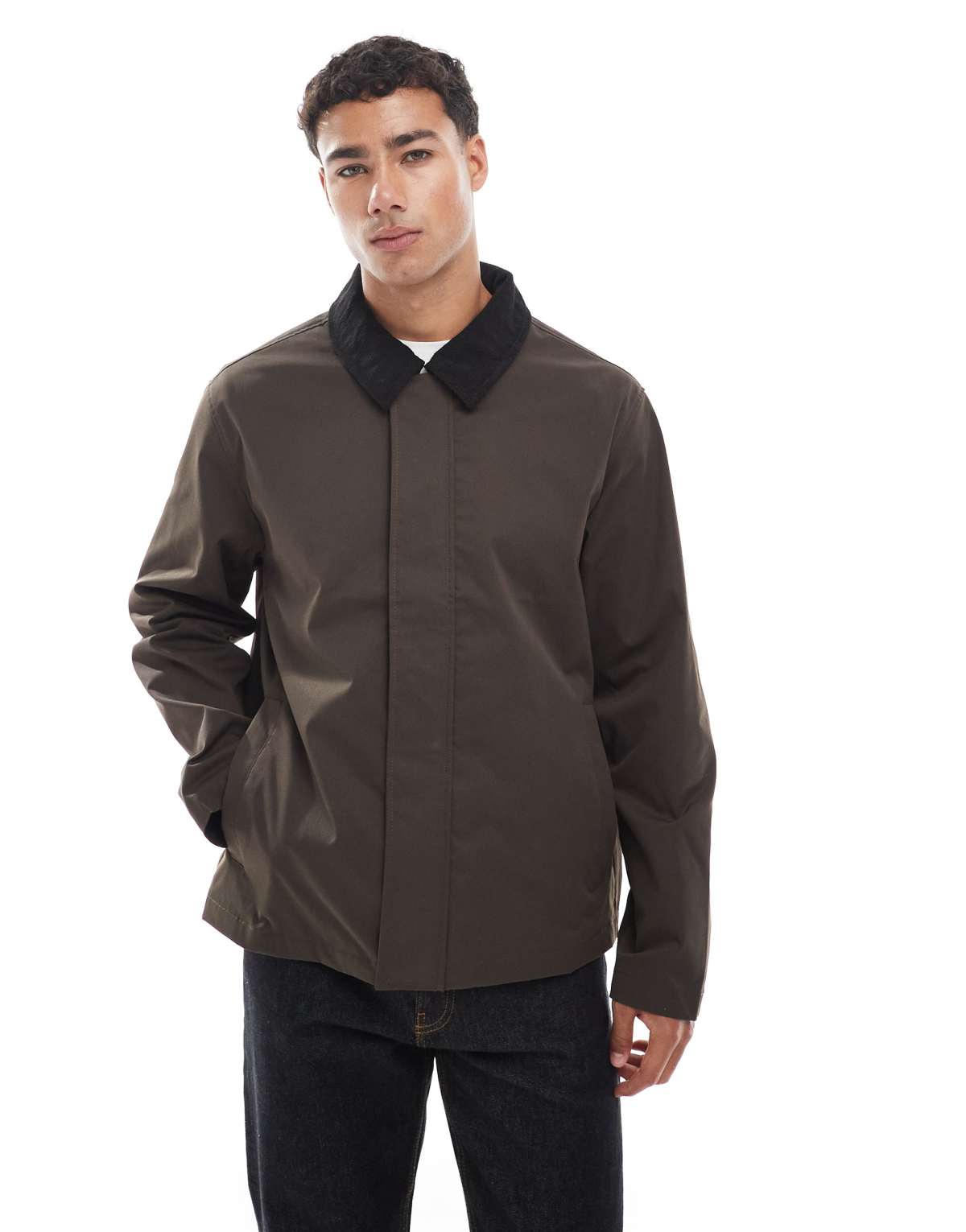 Jack & Jones harrington jacket with cord collar in brown