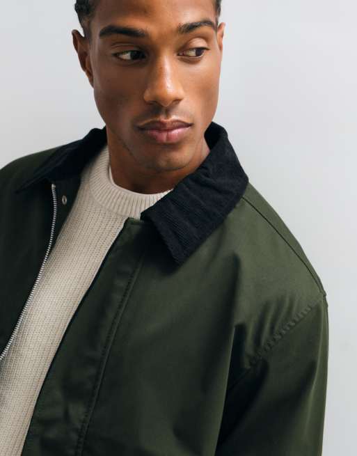 Jack & Jones harrington jacket with cord collar in dark green, 2 of 5