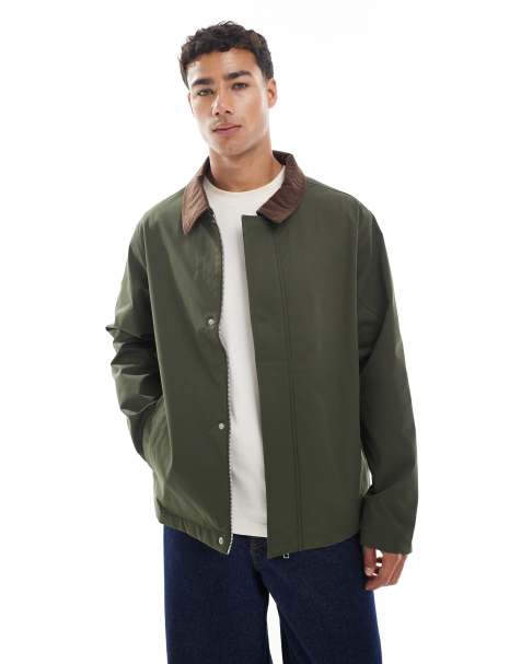 Jack & Jones harrington jacket with corduroy collar in khaki green - view 1