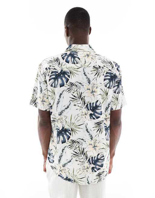 Jack & Jones hawaiian print short sleeve shirt in cream 
