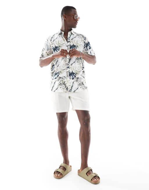 Jack & Jones hawaiian print short sleeve shirt in cream 