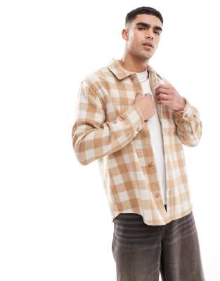 Jack & Jones Jack & Jones heavy brushed check overshirt in beige-Neutral