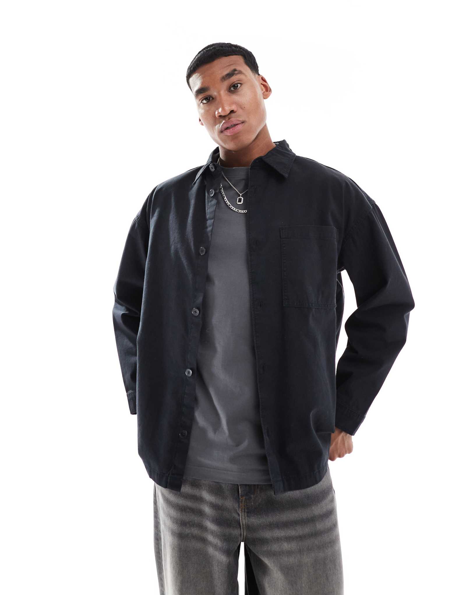Застиранная верхняя рубашка Jack &Jones из плотной саржи черного цвета