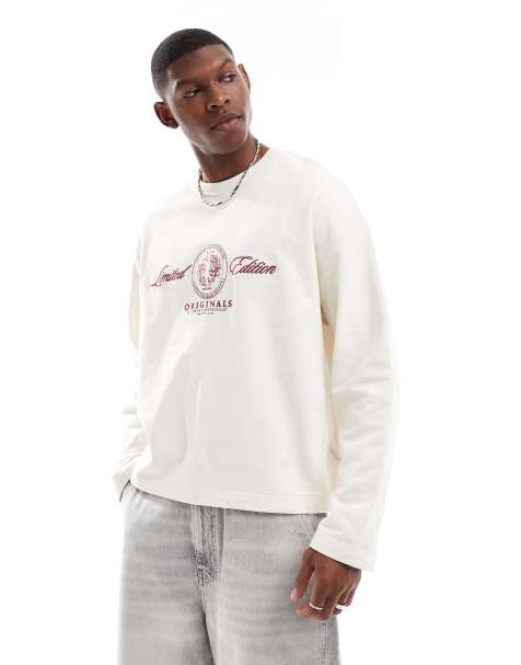 Jack & Jones heavyweight long sleeve t-shirt with embroidered logo in off white - view 1