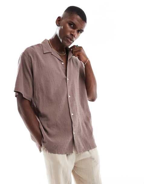 Jack & Jones – Hemd in Taupe mit Knitterstruktur und Reverskragen - view 1