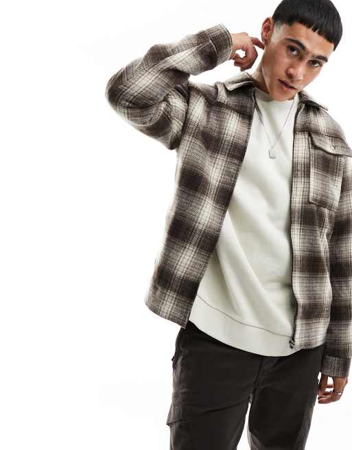 Jack & Jones – Hemdjacke aus Wollimitat in Braun kariert 