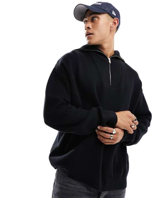  Jack & Jones high neck quarter zip knitted jumper in black