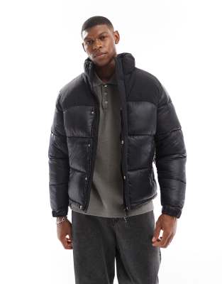 high shine nylon block puffer jacket in black