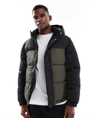 Jack & Jones hooded colour blocked puffer in black and green