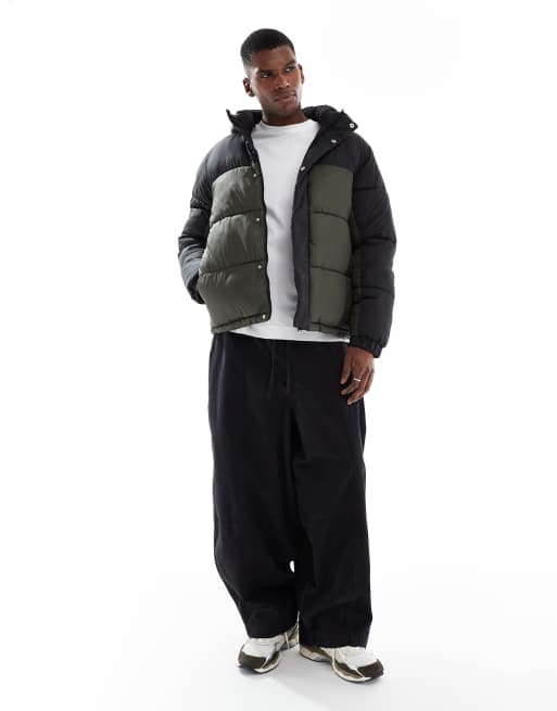 Jack & Jones hooded colour blocked puffer in black and green, 2 of 5
