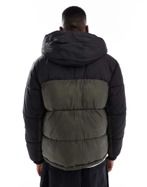Jack & Jones hooded colour blocked puffer in black and green, 3 of 5
