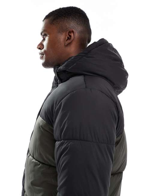 Jack & Jones hooded colour blocked puffer in black and green, 4 of 5