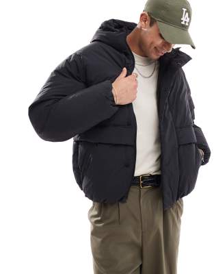 Jack & Jones Hooded Padded Coat With Pockets In Black