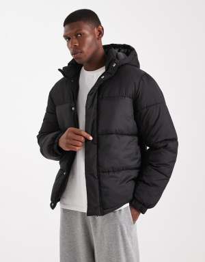 Jack & Jones hooded puffer jacket in black