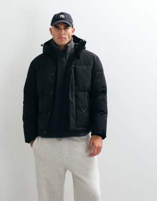 Jack & Jones Hooded Puffer Jacket In Black