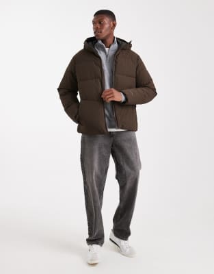 Jack & Jones Hooded Puffer Jacket In Brown