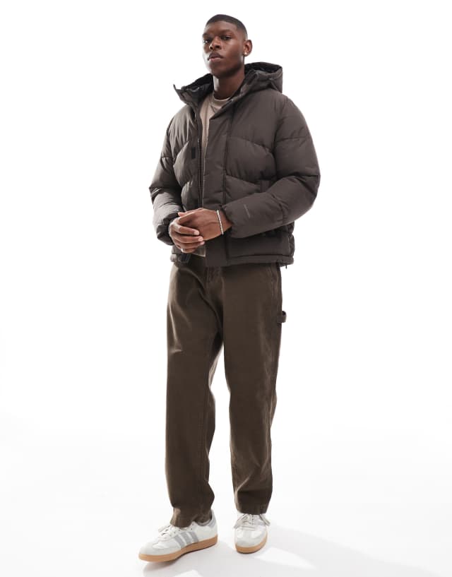 Jack & Jones hooded puffer jacket in chocolate brown | ASOS