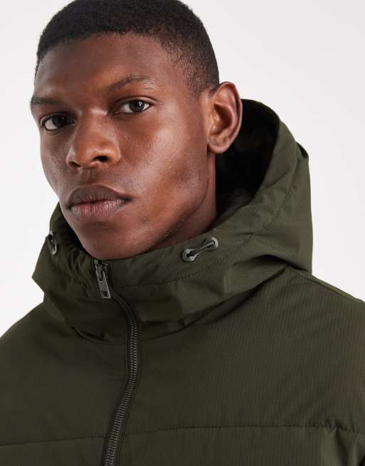 Jack Jones hooded puffer jacket in olive green ASOS