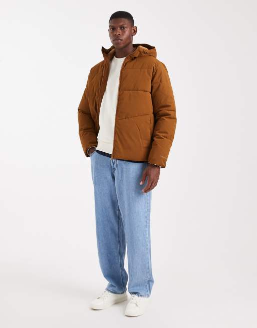 Jack & Jones hooded puffer jacket in tan