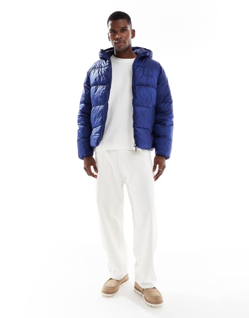 Jack & Jones hooded puffer jacket with sheen in blue, 2 of 5