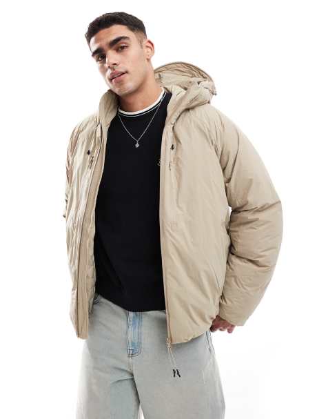 Jack & Jones hooded puffer jacket with tech details in beige - view 1