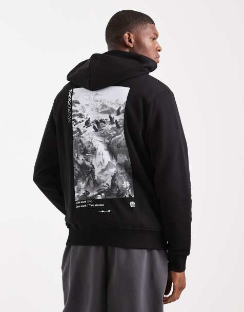 Jack & Jones hoodie with moutain back graphic in black - view 1