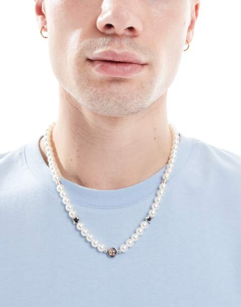 Jack & Jones - Hvid perlehalskæde med vedhæng med smilende ansigt - view 1