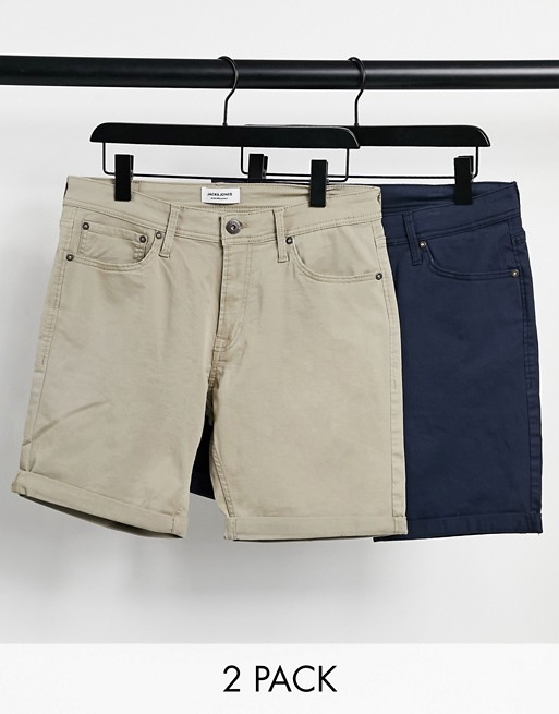 Jack & Jones Intelligence 2 pack 5 pocket shorts in beige & navy