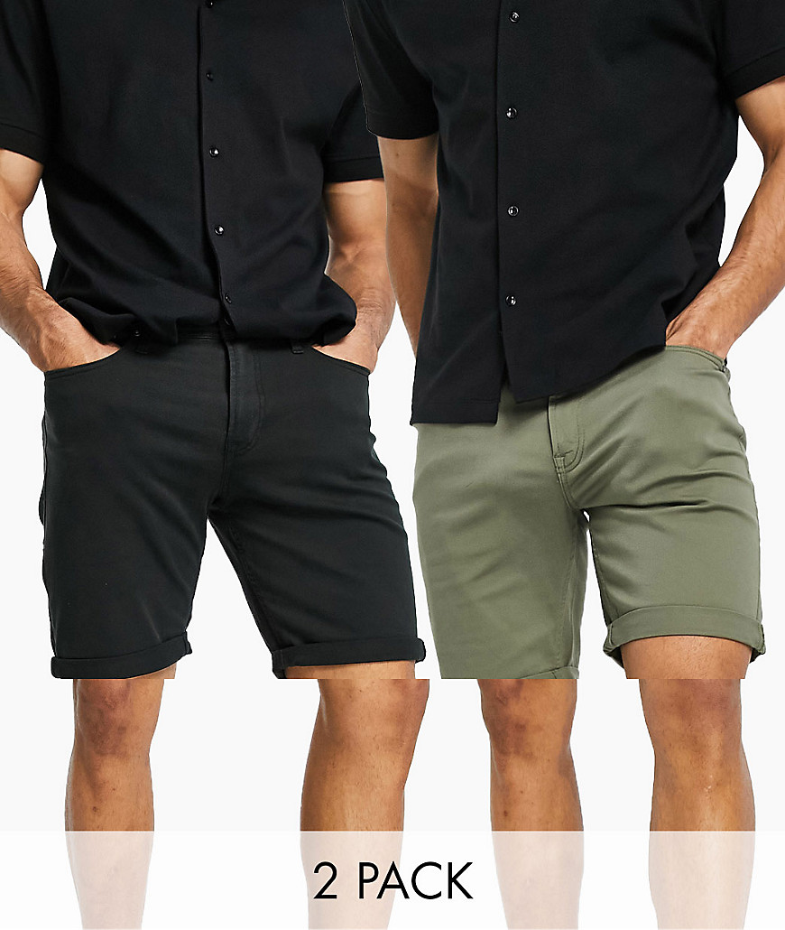 Jack & Jones Intelligence 2-pack five-pocket shorts in khaki & black-Multi