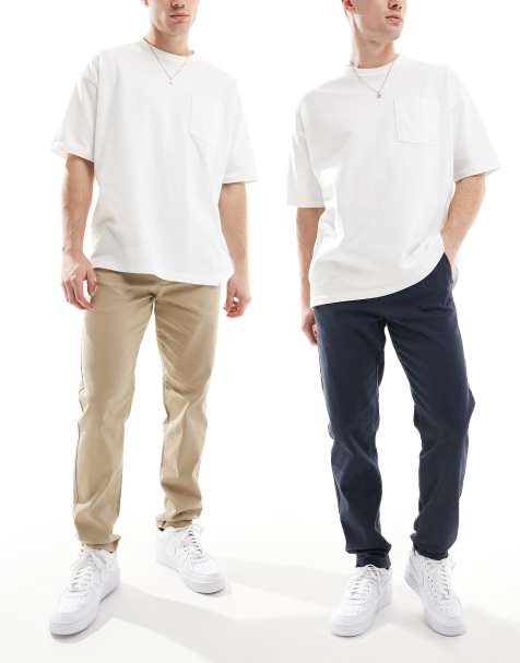Jack & Jones Intelligence 2 pack loose fit chinos in beige & navy - view 1