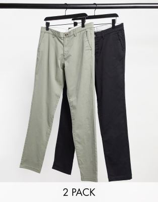 Shop Jack & Jones Intelligence 2 Pack Slim Tapered Chino In Dusty Olive & Black-multi