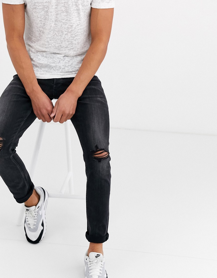 Jack & Jones Intelligence – Avsmalnande jeans i svart tvätt med plastficka