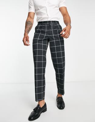 Jack & Jones Intelligence Bill wide fit windowpane check smart pants in black 